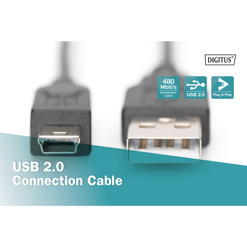 Digitus USB 2.0 Kabel, USB-A Stecker > mini USB Stecker, schwarz, 3 Meter