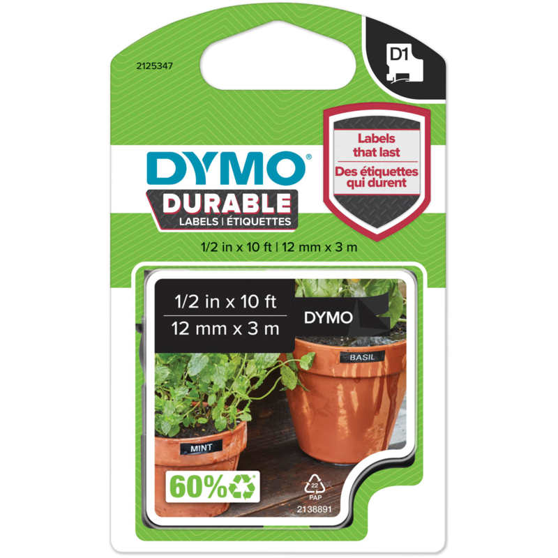Dymo D1 ORIGINAL Hochleistungs-Schriftband Vinyl, weiß auf schwarz, 12mm x 3m