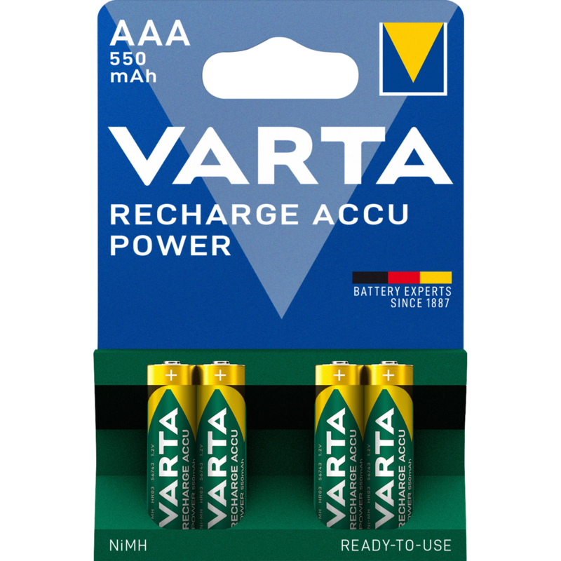 VARTA Recharge Accu Power AAA 550 mAh Akku, 4 Stück, AAA