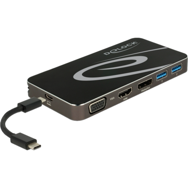 DeLOCK USB Type-C 3.2 Dockingstation , schwarz, 4K HDMI + DP, VGA, USB Hub und