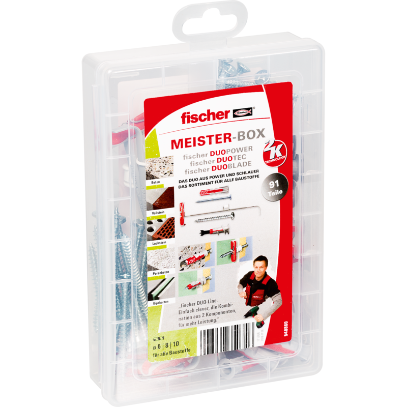 fischer Dübel DuoLine Meister-Box, hellgrau/rot, mit Schrauben, 91-teilig