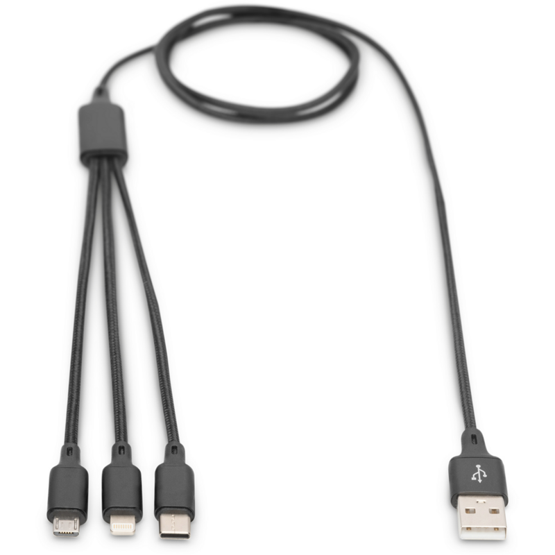 Digitus 3-in-1 Ladekabel, USB-A > Lightning + USB-C + Micro-USB Kabel, schwarz