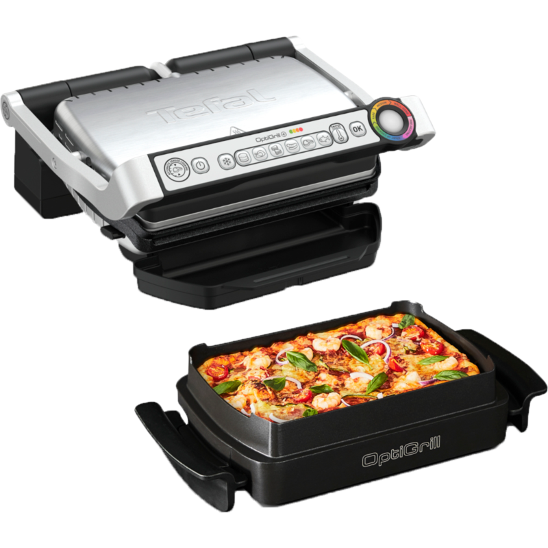 Tefal OptiGrill+ Snacking & Baking GC714D Kontaktgrill, silber/schwarz, 2.000