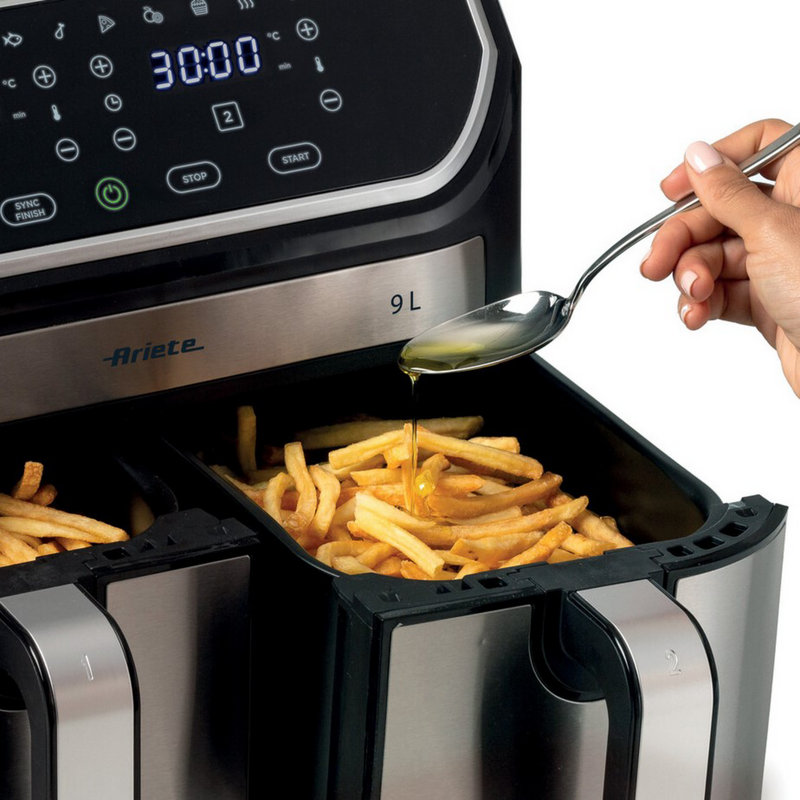 Ariete Heißluftfritteuse Dual Metal 9 L, edelstahl/schwarz, 2.100 Watt, 2 Körbe