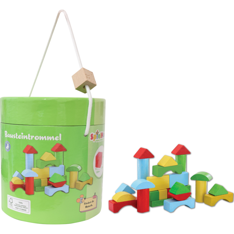 Bausteine in Trommel, 90 Stück, holz