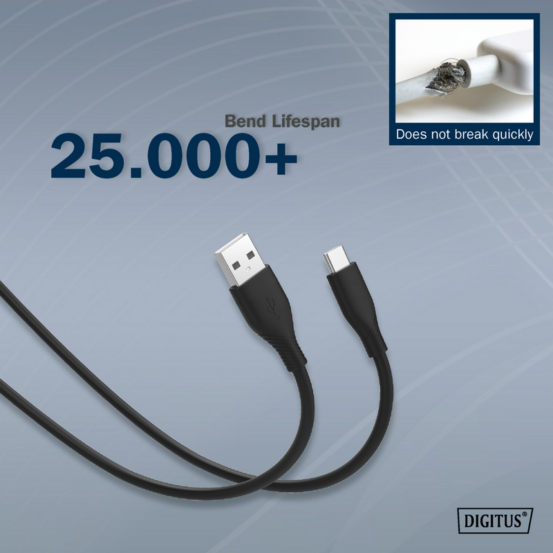 Digitus USB 2.0 Silikon-Anschlusskabel USB-A > USB-C Kabel, schwarz, 2 Meter