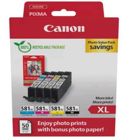 Canon Tinte Photo Value Pack CLI-581XL, inkl. 50 Blatt 10x15 Fotopapier