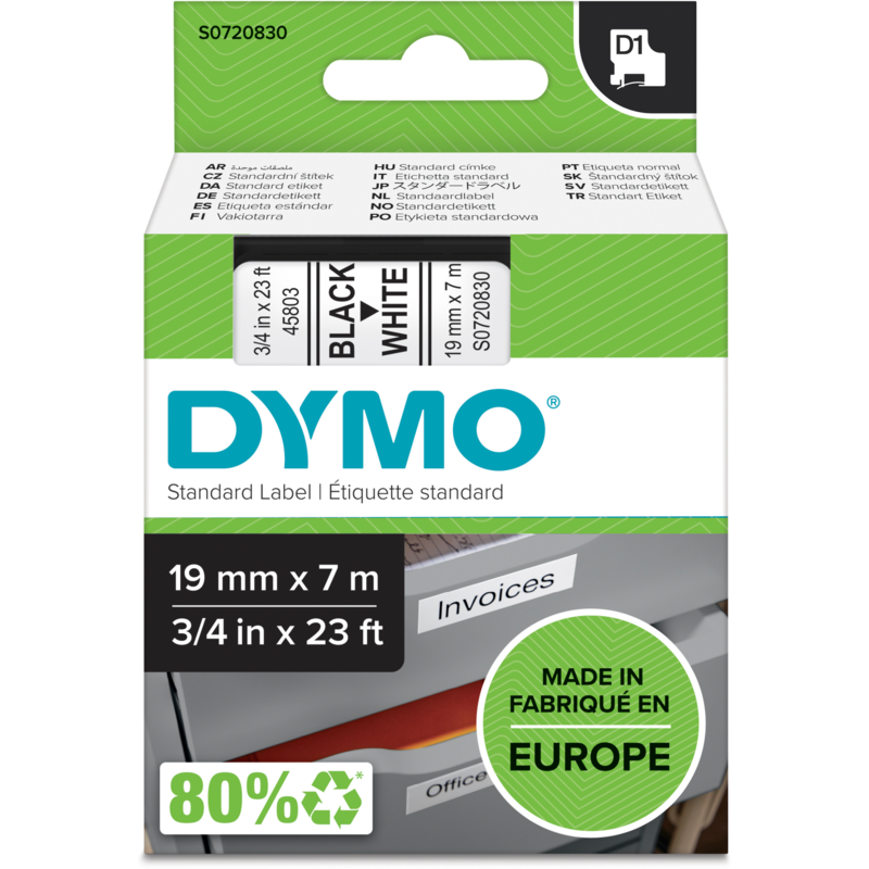 Dymo D1 ORIGINAL Schriftband, schwarz auf weiß, 19mm x 7m, S0720830
