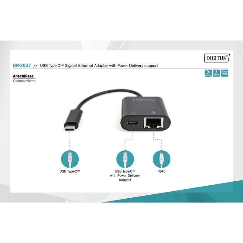 Digitus USB Type-C Gigabit Ethernet Adapter, schwarz, mit Power Delivery