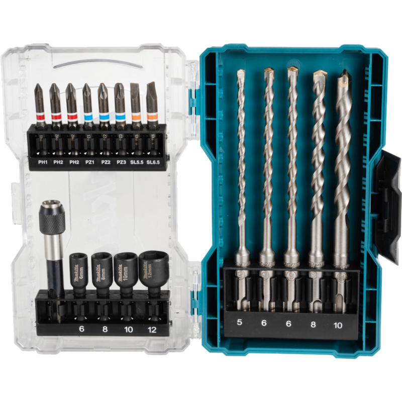 Makita Bohrer-Bit-Set SDS Plus, 18-teilig Bohrer- & Bit-Satz, Klappbox mit