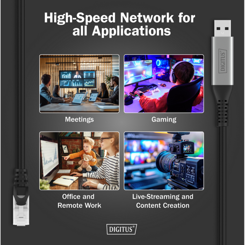 Digitus USB-A 3.2 Gen1 > RJ-45 Ethernet Kabel, 1Gbit/s Adapter, schwarz, 10
