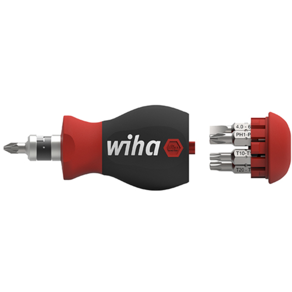 Wiha Schraubendreher Stubby 1/4", mit Bit Magazin, schwarz/rot, Stubby mit 7