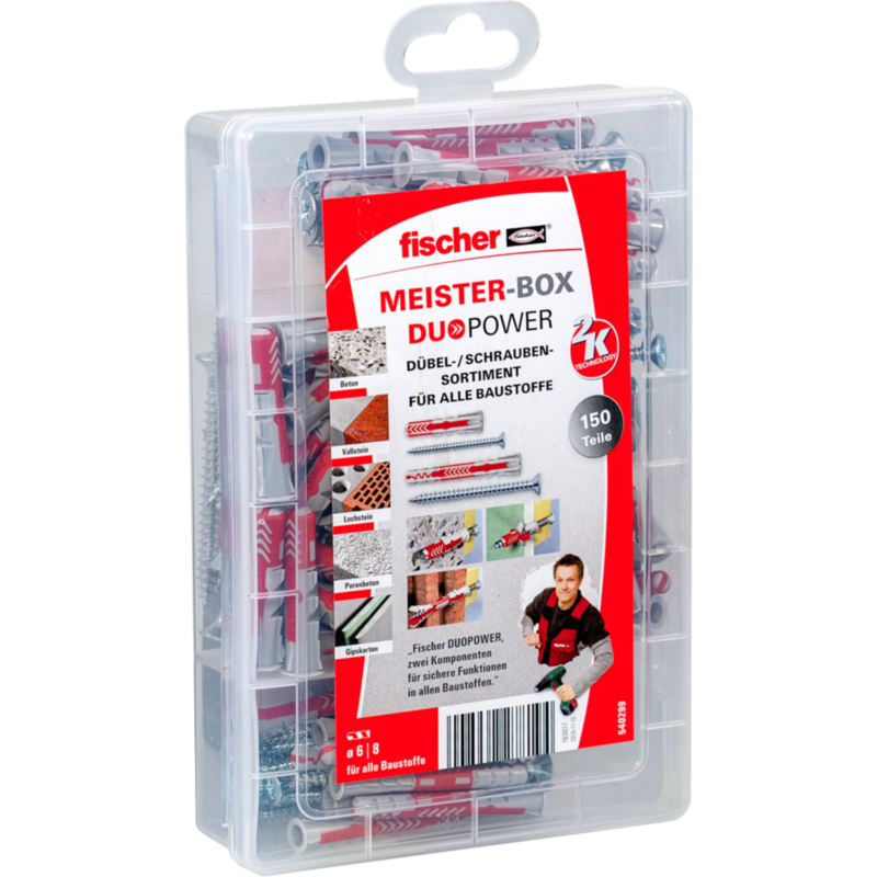 fischer Meister-Box DUOPOWER kurz / lang + Schraube Dübel, hellgrau/rot