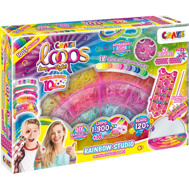Loops Rainbow Studio Bastelset mit über 1300 Loops, Letterbeads, Häkelnadel und