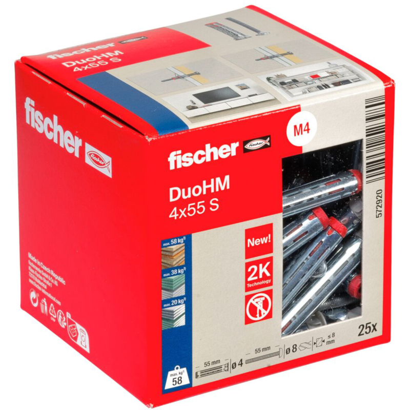 fischer Hohlraumdübel DuoHM 4x55 S PZ Dübel, 25 Stück, mit Panhead-Schraube