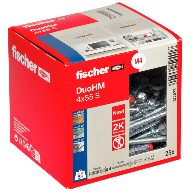 fischer Hohlraumdübel DuoHM 4x55 S TX Dübel, 25 Stück, mit Panhead-Schraube
