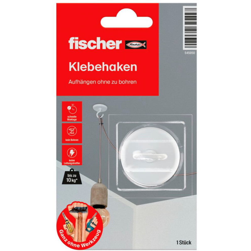 fischer GOW Klebehaken Multipack, 3 Stück Haken, weiß