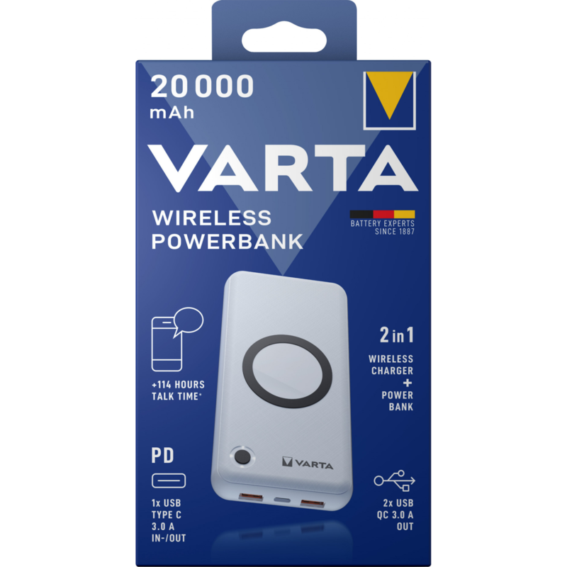 VARTA Wireless Powerbank 20.000, weiß, 20.000 mAh, Qi, Power Delivery, Quick