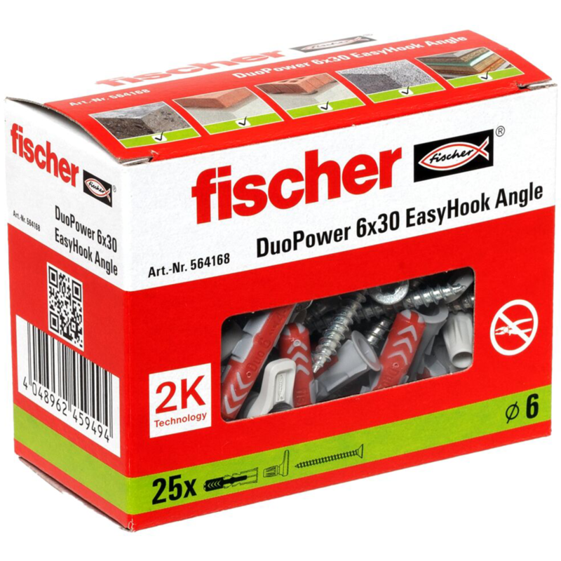 fischer EasyHook Angle DuoPower 6x30 Dübel, weiß, 25 Stück, mit EasyHook