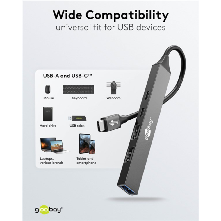 goobay Slim 5-Port USB-Hub USB-C auf USB-C/USB-A USB 3.2 Gen1, grau