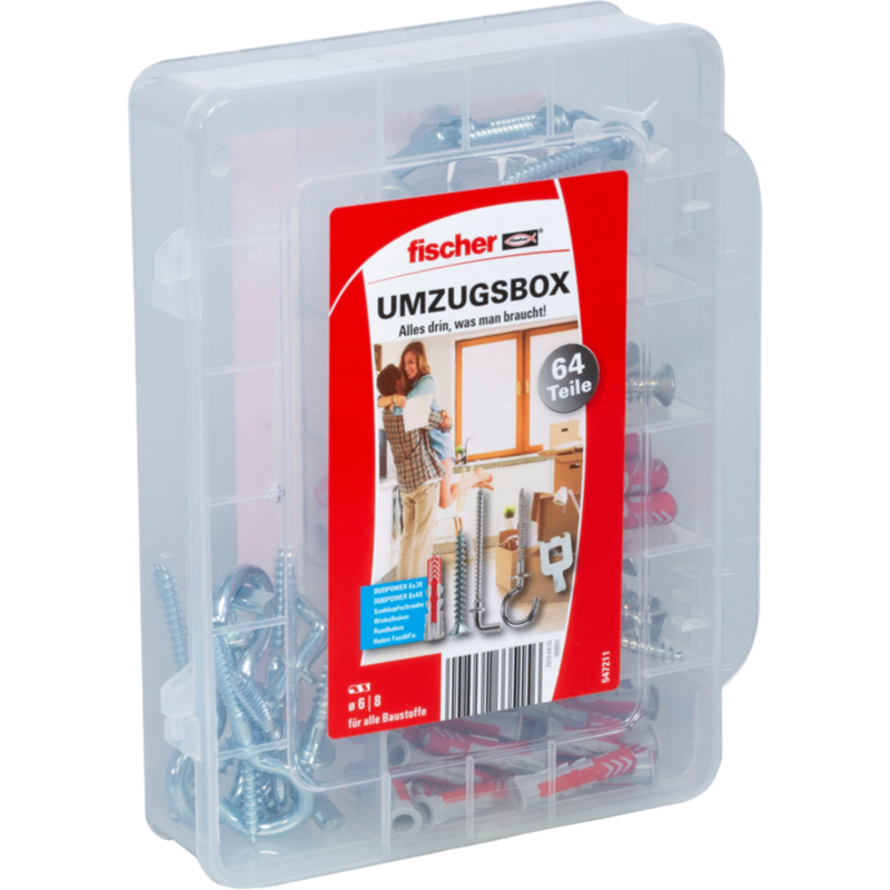 fischer Umzugsbox DUOPOWER 6,8 Dübel, hellgrau/rot, 64-teilig, mit Schrauben