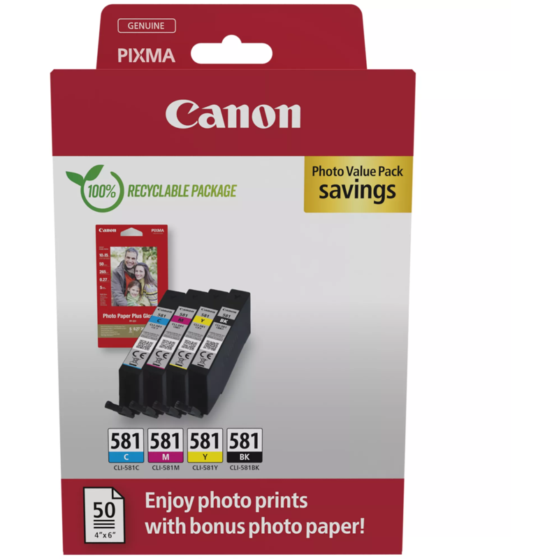 Canon Tinte Photo Value Pack CLI-581, inkl. 50 Blatt 10x15 Fotopapier