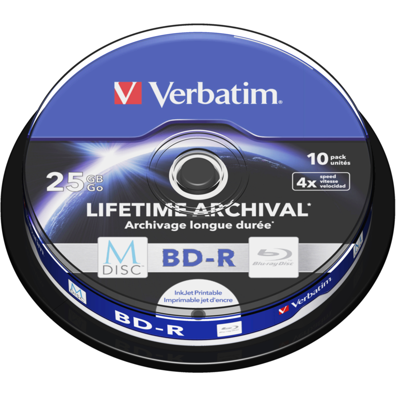 Verbatim M-DISC BD-R 4x 25 GB Blu-ray-Rohlinge, 4-fach, 10 Stück, bedruckbar