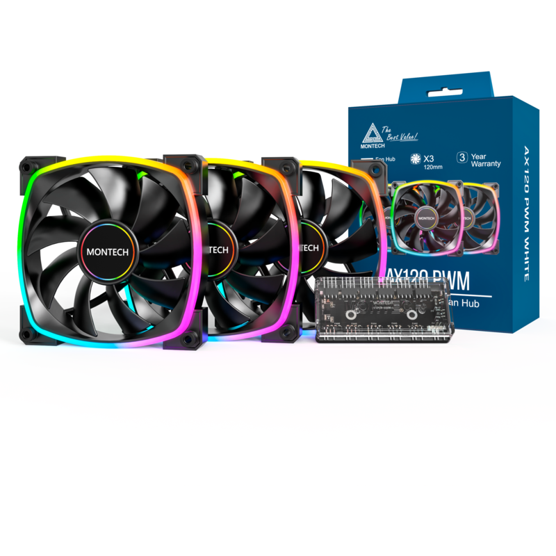 Montech AX120 PWM 120x120x25 Gehäuselüfter, schwarz, 3er Pack