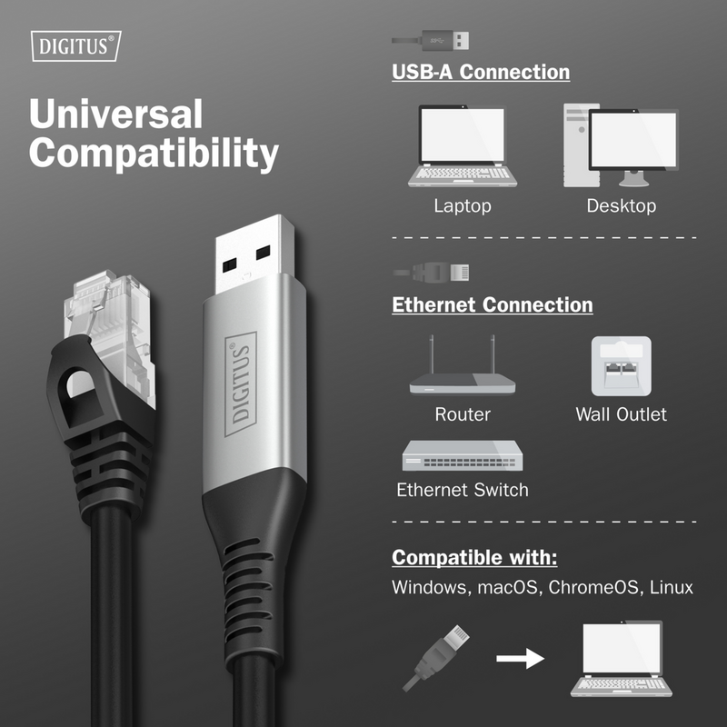 Digitus USB-A 3.2 Gen1 > RJ-45 Ethernet Kabel, 1Gbit/s Adapter, schwarz, 2
