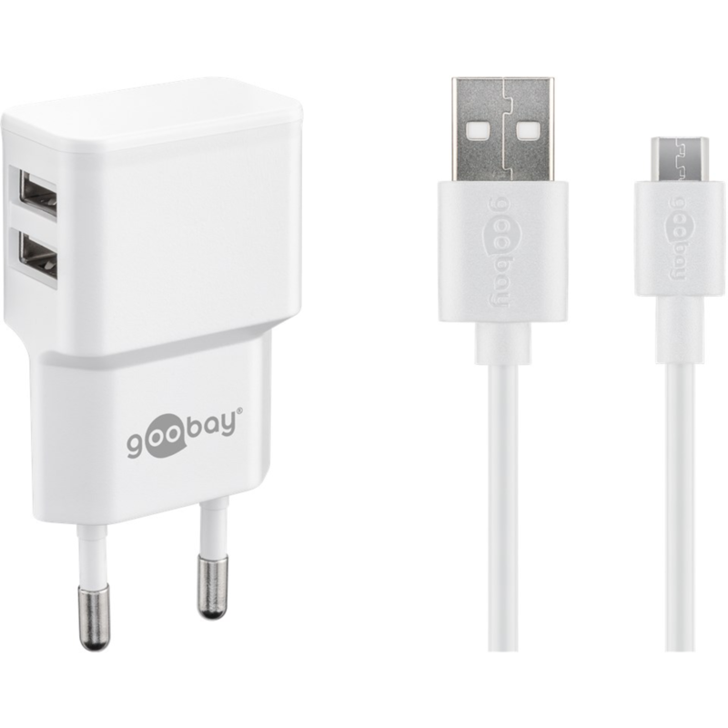 goobay Micro-USB Dual-Ladeset 18 Watt Ladegerät, weiß, 2,4 A, 1 Meter Kabel