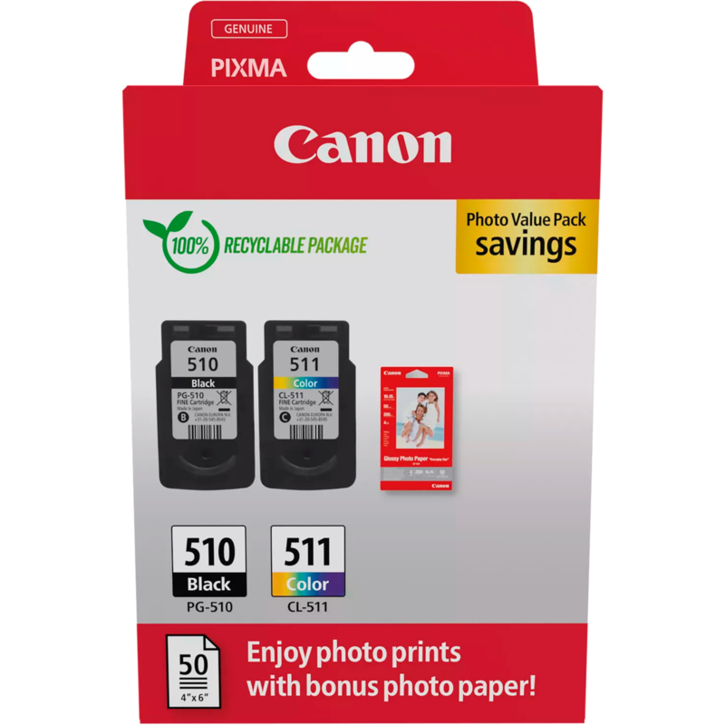 Canon Tinte Photo Value Pack PG-510/CL-511, inkl. 50 Blatt 10x15 Fotopapier