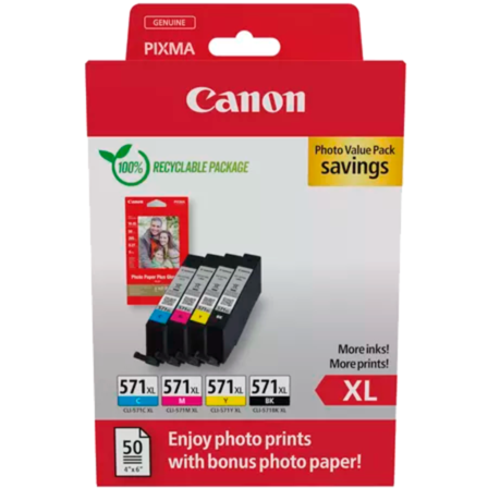 Canon Tinte Photo Value Pack CLI-571XL, inkl. 50 Blatt 10x15 Fotopapier