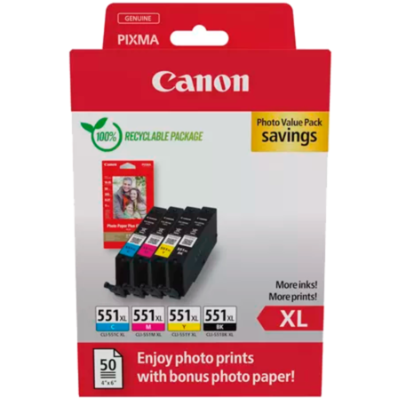 Canon Tinte Photo Value Pack CLI-551XL, inkl. 50 Blatt 10x15 Fotopapier