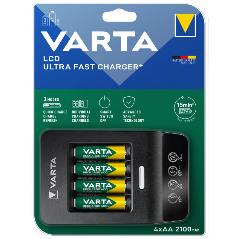 VARTA LCD Ultra Fast Charger+ Ladegerät, inkl. 4x Mignon, AA, 2100 mAh
