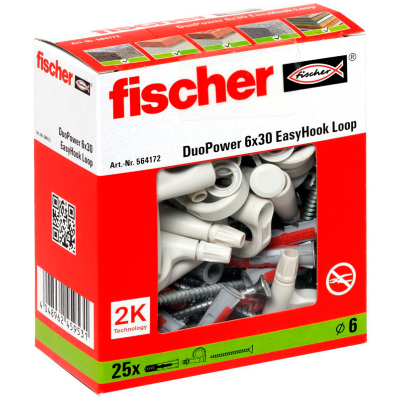 fischer EasyHook Loop DuoPower 6x30 Dübel, weiß, 25 Stück, mit EasyHook Öse
