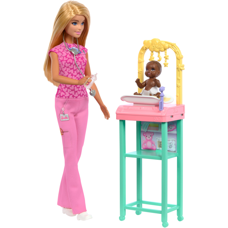 Barbie Barbie Kinderärztin-Puppe, mit Baby-Patientenpuppe, Möbeln und Zubehör