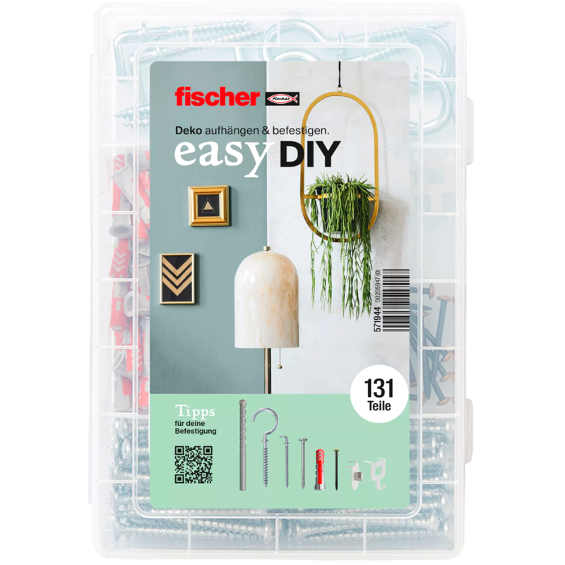 fischer easyDIY Deko-Box Dübel, 131-teilig, mit Bohrer, Schrauben, Haken