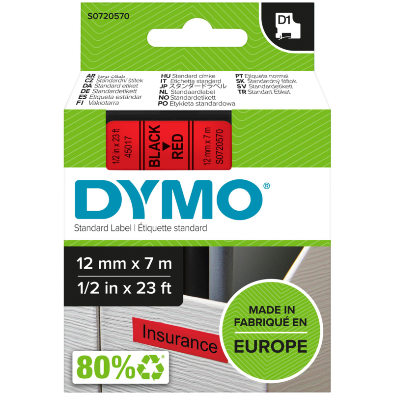 Dymo D1 ORIGINAL Schriftband, schwarz auf rot, 12mm x 7m, S0720570