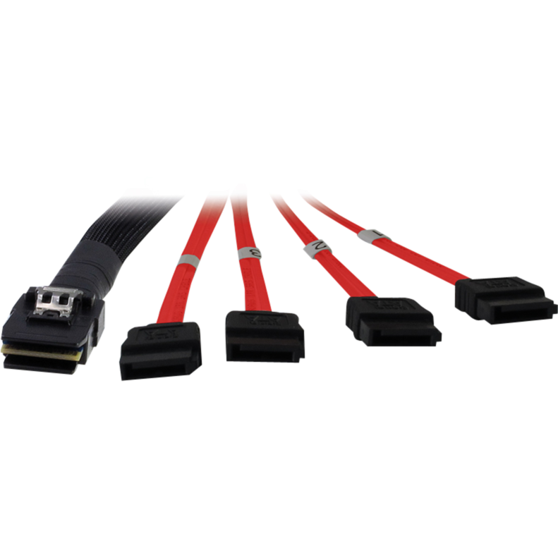 Inter-Tech Kabel SFF 8087 > 4x SATA, schwarz/rot, 1 Meter (teilummantelt)