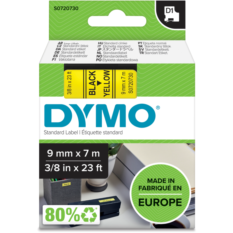 Dymo D1 ORIGINAL Schriftband, schwarz auf gelb, 9mm x 7m, S0720730