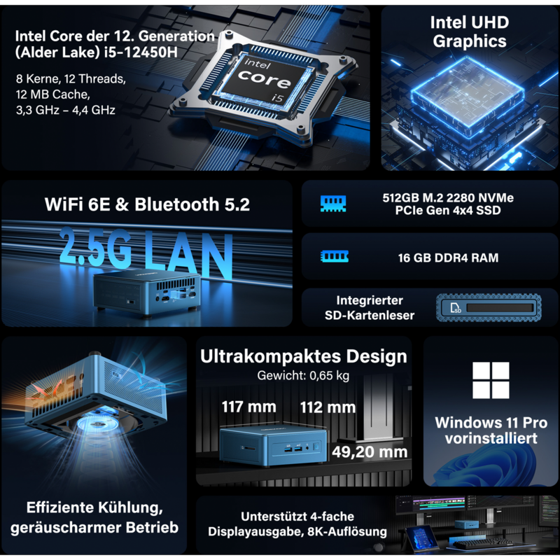 GEEKOM IT12 Mini-PC, blau, Windows 11 Pro