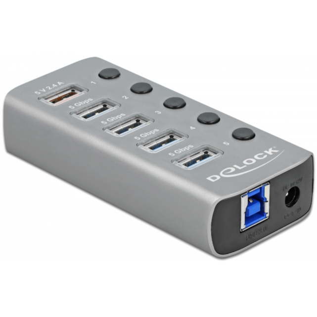 DeLOCK USB 3.2 Gen 1 Hub mit 4 Ports + 1 Schnellladeport USB-Hub, grau, mit