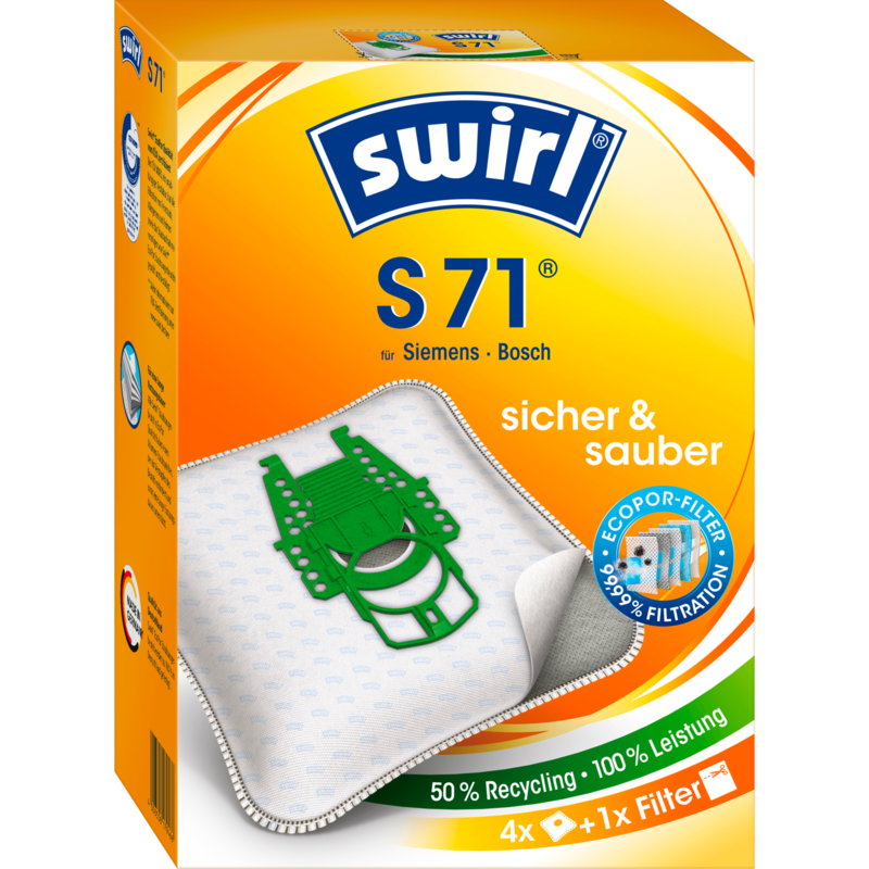 Swirl Staubsaugerbeutel S71 EcoPor, 4 Beutel, 1 Abluftfilter