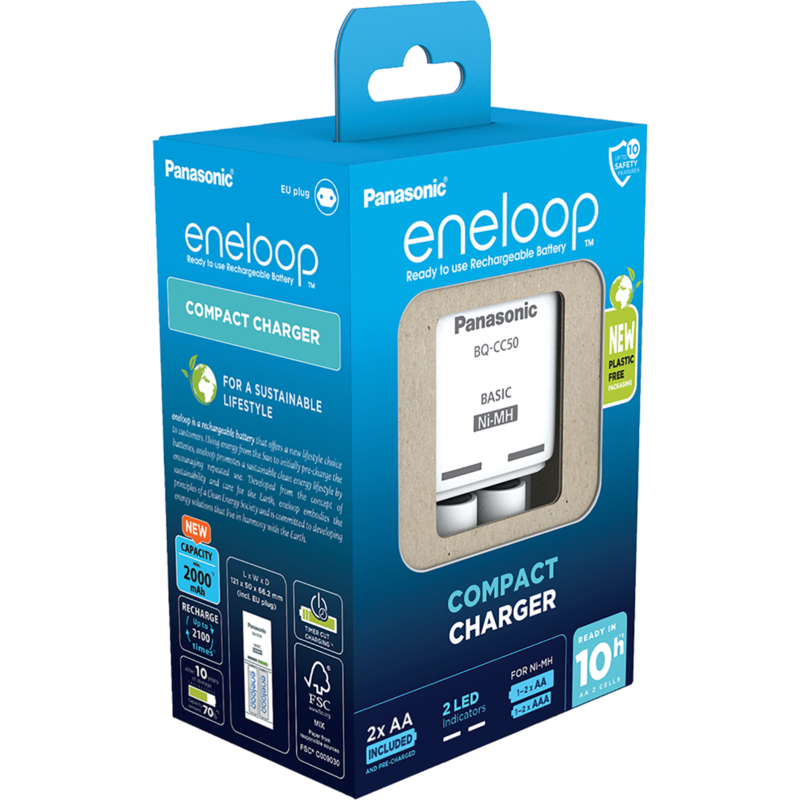 Panasonic Ladegerät eneloop Compact Charger BQ-CC50, weiß, inkl. 2x Mignon AA