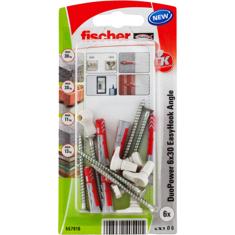 fischer EasyHook Angle DuoPower 6x30 Dübel, weiß, 6 Stück, mit EasyHook