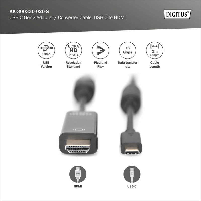 Digitus USB-C Adapterkabel USB-C > HDMI A, 4K @ 60HZ Kabel, schwarz, 2 Meter