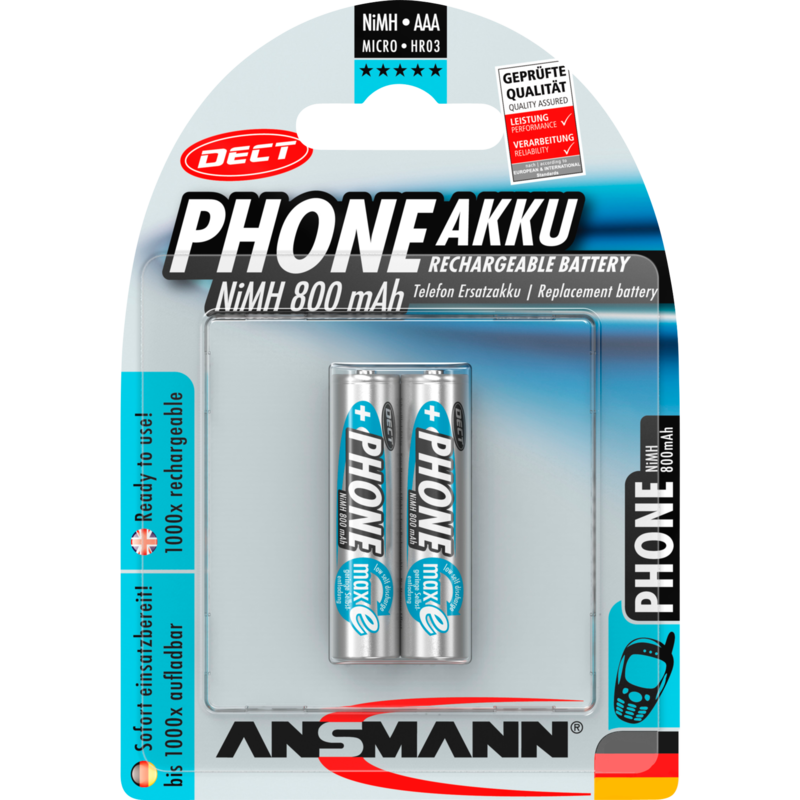 Ansmann 800mAh DECT Akku, silber, 2x AAA (Micro)