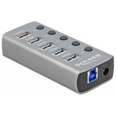 DeLOCK USB 3.2 Gen 1 Hub mit 4 Ports + 1 Schnellladeport + 1 USB-C PD 3.0 Port
