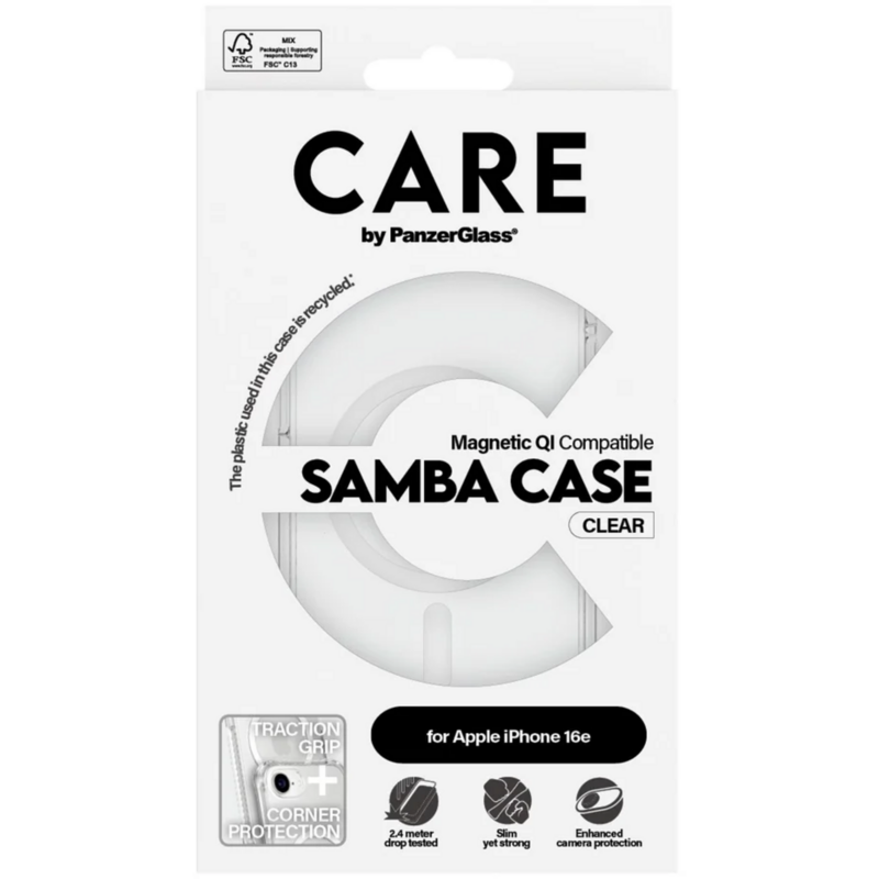PanzerGlass Samba Case Handyhülle, transparent/silber, iPhone 16e, QI-kompatibel