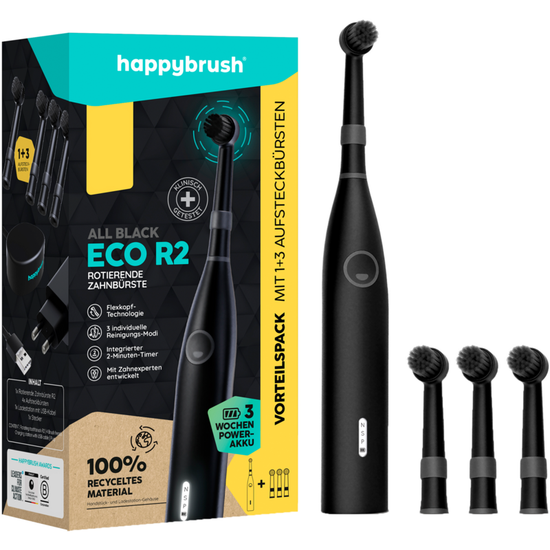 happybrush ECO R2 Allblack + 3 Refills Elektrische Zahnbürste, schwarz